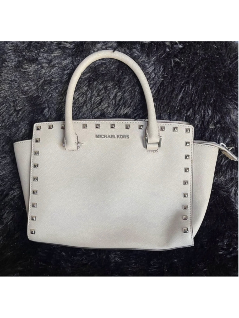 Michael Kors Studded Beige Leather Satchel Top Handle Bag Women Designer Classic